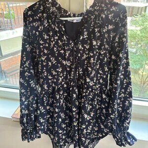 Navy Floral Long Sleeve Blouse with Ruched Sleeves